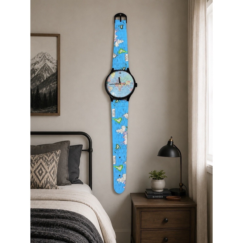 Vintage Giant Wristwatch Wall Clock World Map Design Quartz Hanging Decor 1980's